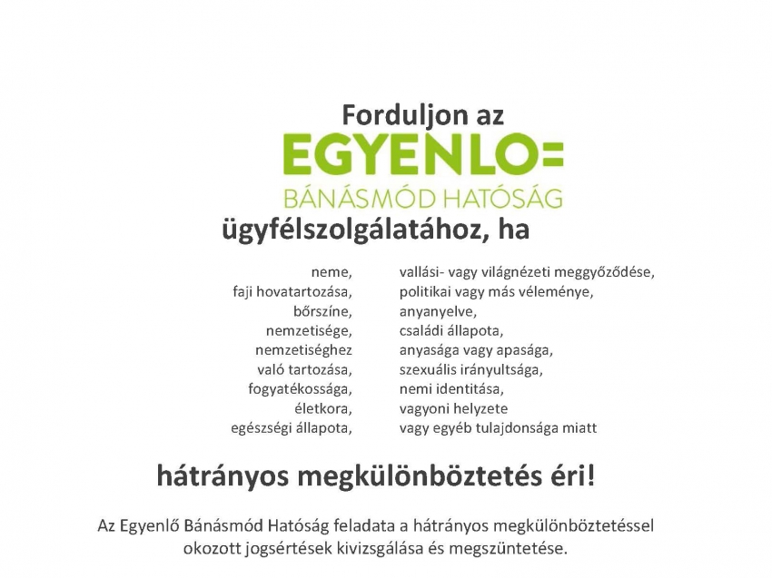 Egyenlő B&aacute;n&aacute;sm&oacute;d Hat&oacute;s&aacute;g &uuml;gyf&eacute;lszolg&aacute;lat 2020. j&uacute;lius havi &uuml;gyf&eacute;lfogad&aacute;si időpontok